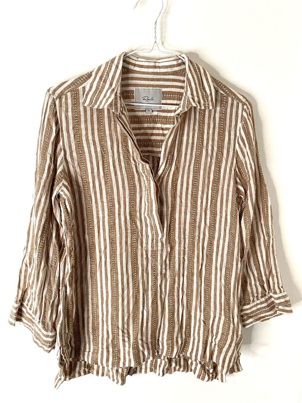 Rails Banks Linen Ecovero Stripe Popover Shirt Brown Ivory Lightweight